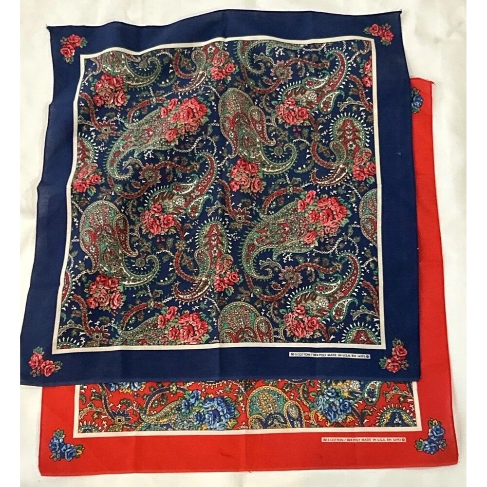 Vintage Bandanas Floral Set Of 2 Blue & Red W/Roses Fabric Scarf 14193